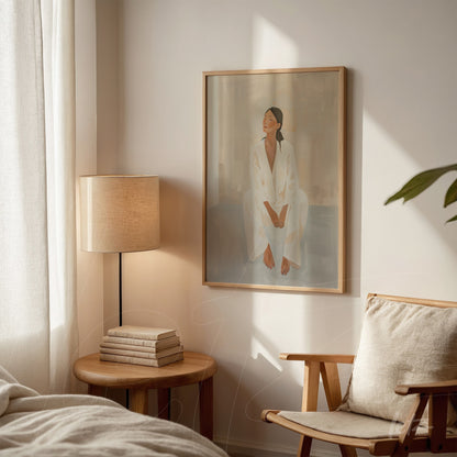 framed artwork of a seated woman in a white robe, featuring a light wooden frame, displayed on a light wall next to a lamp and wooden table