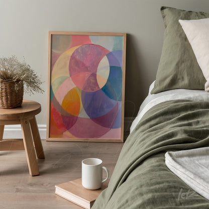 framed abstract art piece featuring colorful overlapping circles resting beside a bed with olive bedding
