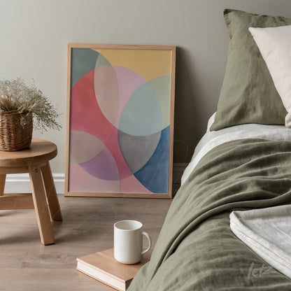 framed artwork with pastel geometric shapes leaning beside a bed with green bedding and light pillows