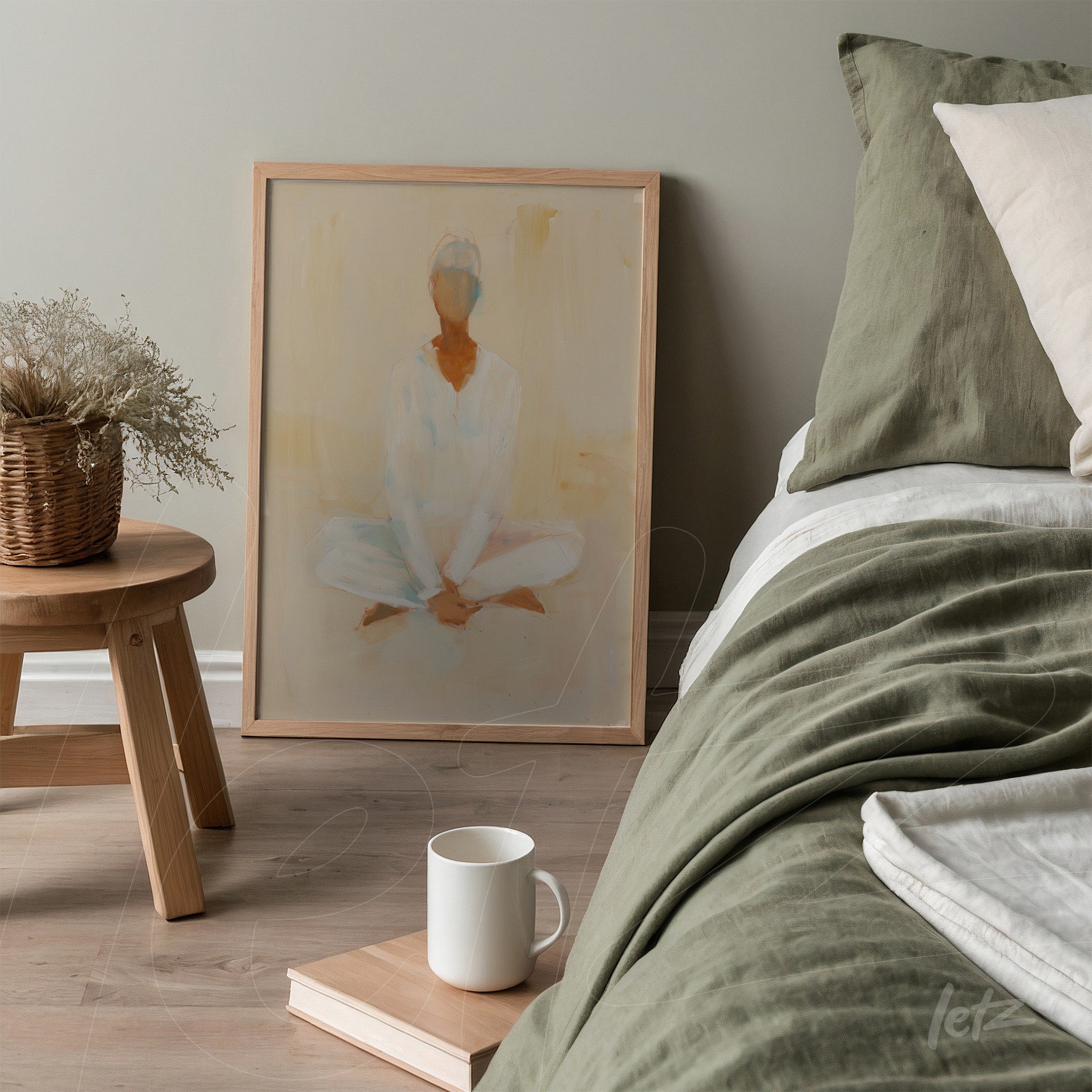 framed artwork of an abstract human figure in soft tones resting beside a bed with green bedding and light pillows