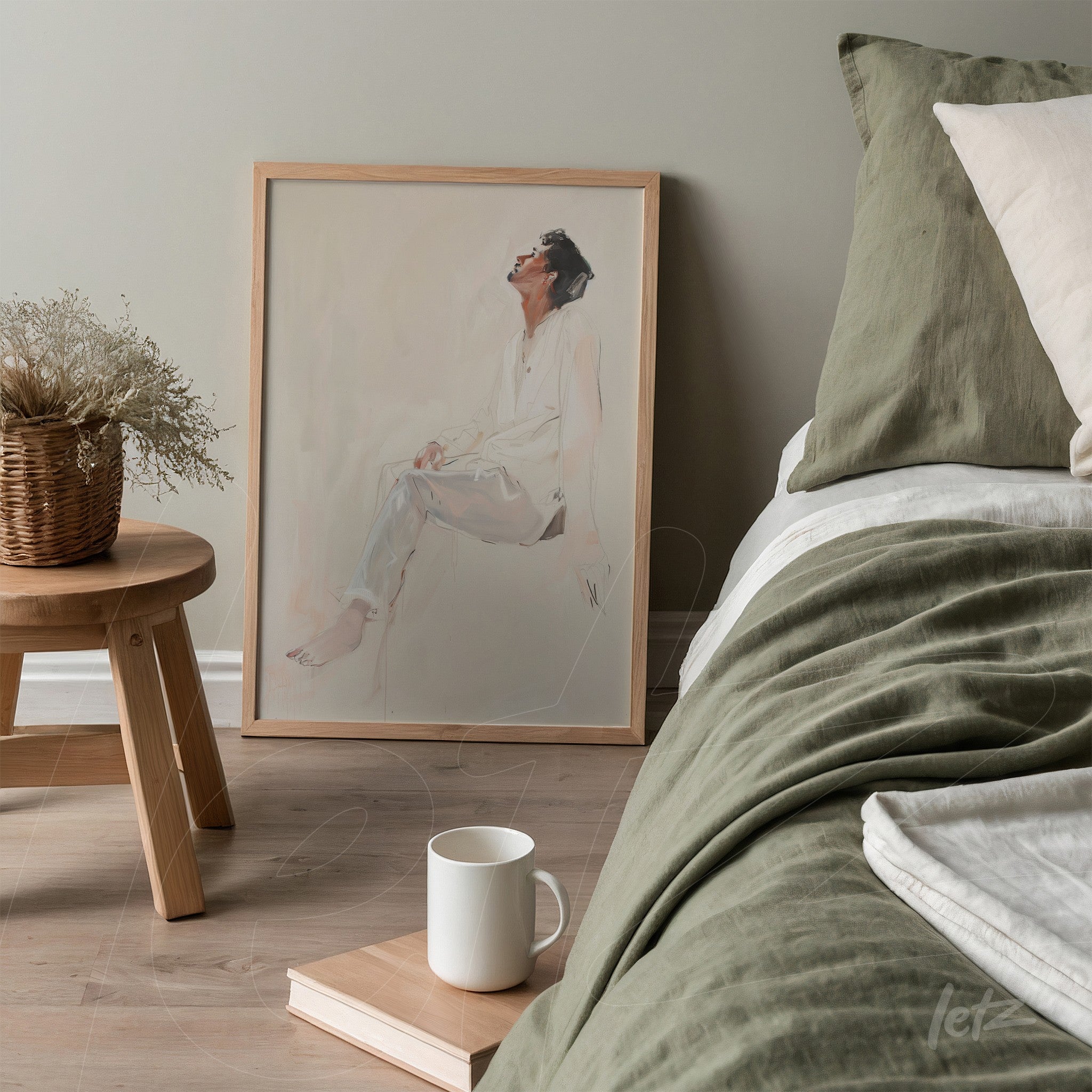 framed minimalist illustration of a human figure in light wood frame leaning next to the bed in a cozy environment
