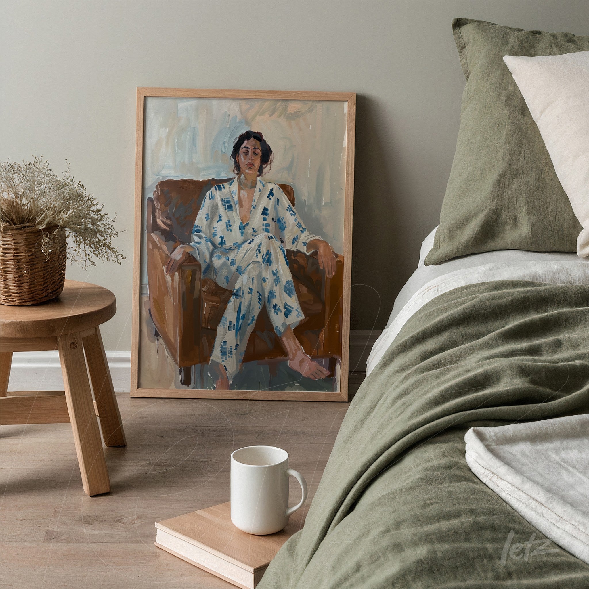 framed portrait of a woman sitting on a brown sofa, displayed in a cozy setting with light wooden frame