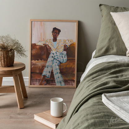 framed colorful portrait of a seated woman on a sofa with light wood frame displayed next to a bed featuring neutral-toned bedding