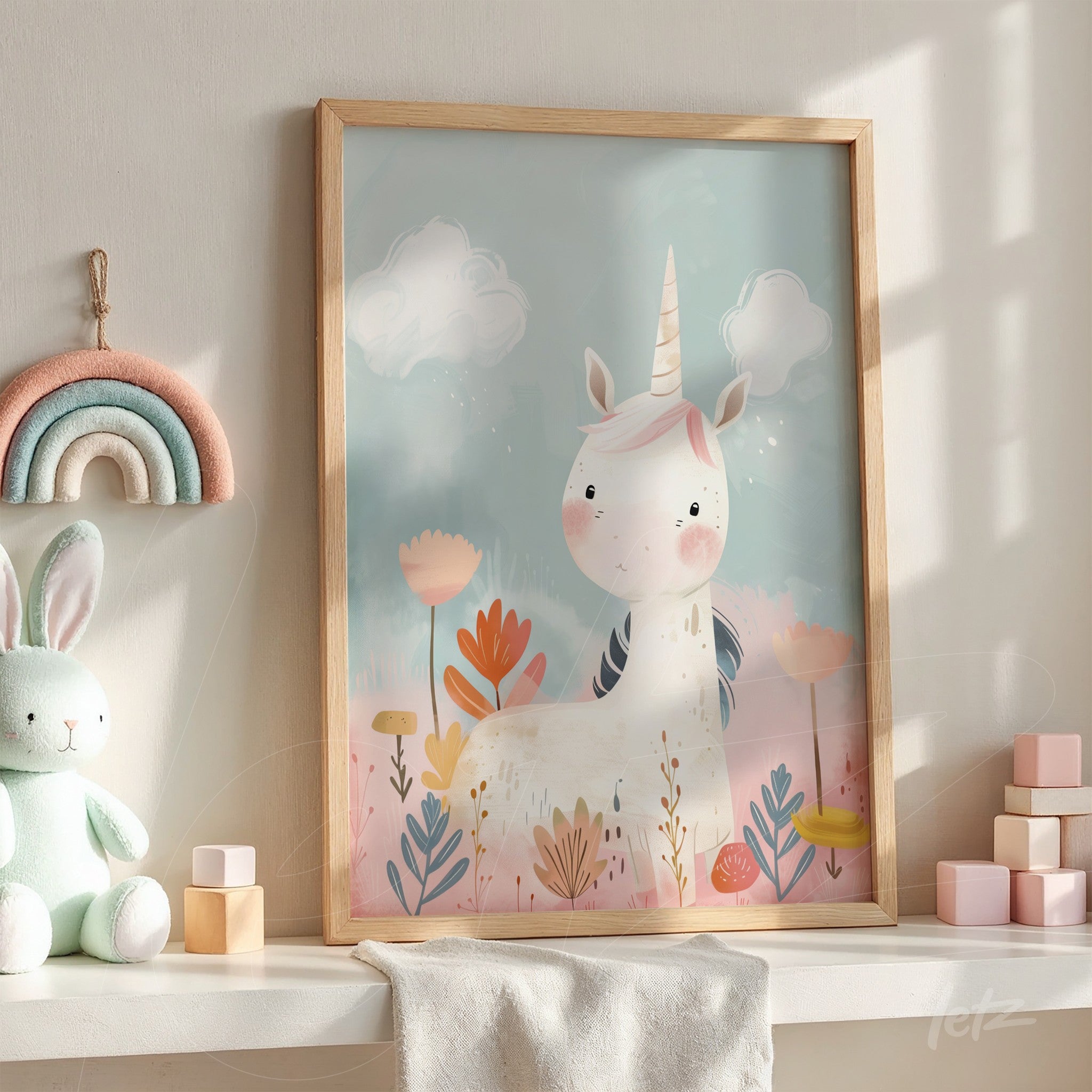 framed artwork featuring a cute unicorn surrounded by colorful flowers, displayed on a table with a light wood frame