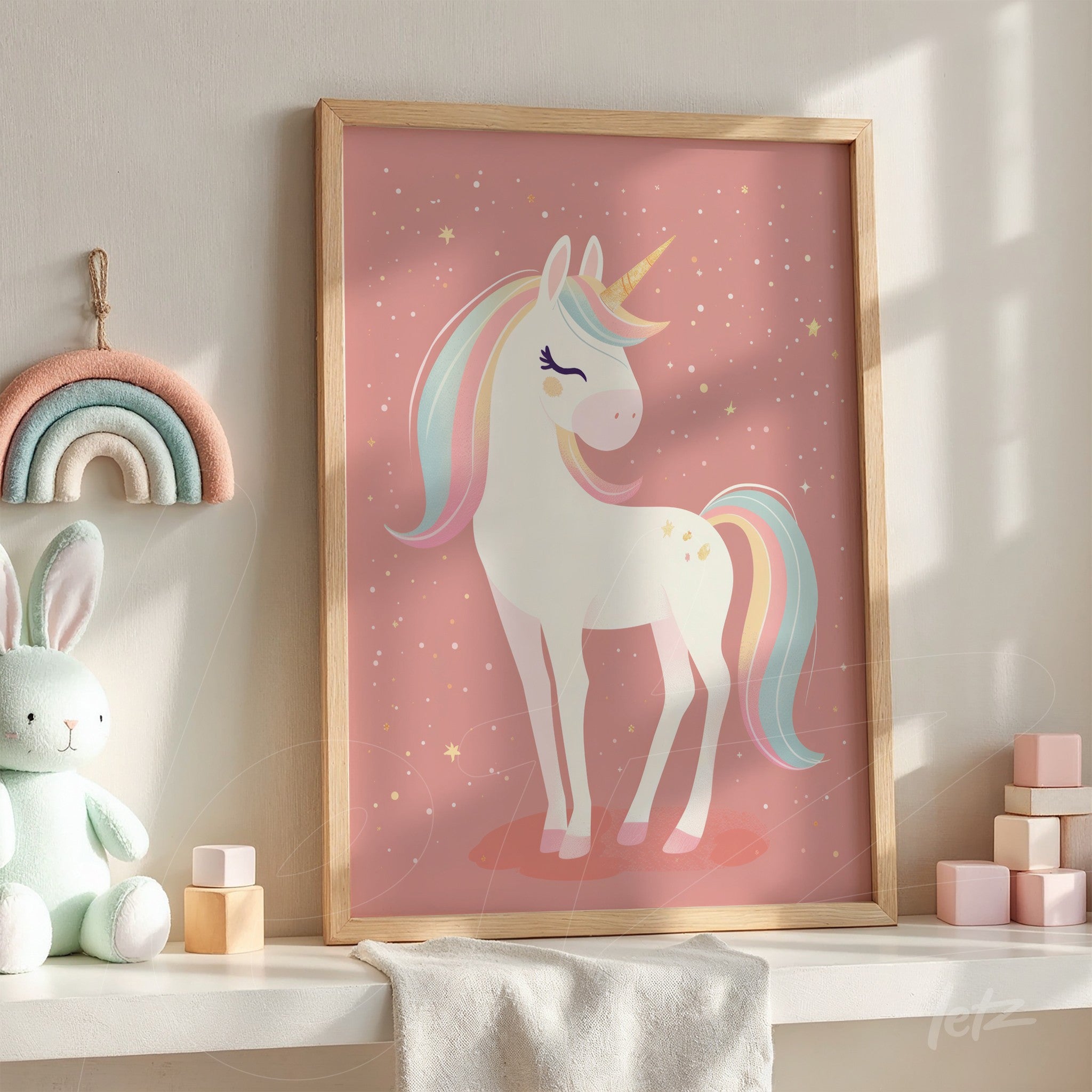 framed art featuring a unicorn illustration on a pink background with light wooden frame