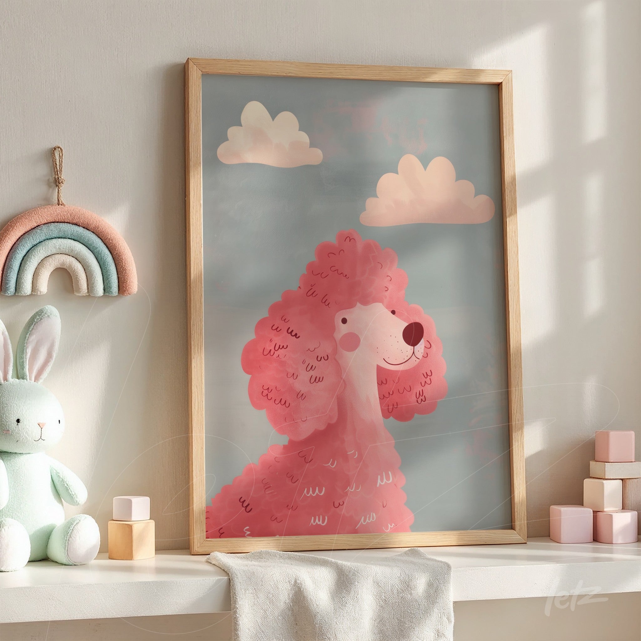 framed art featuring a pink poodle illustration against a gray background with a light wooden frame