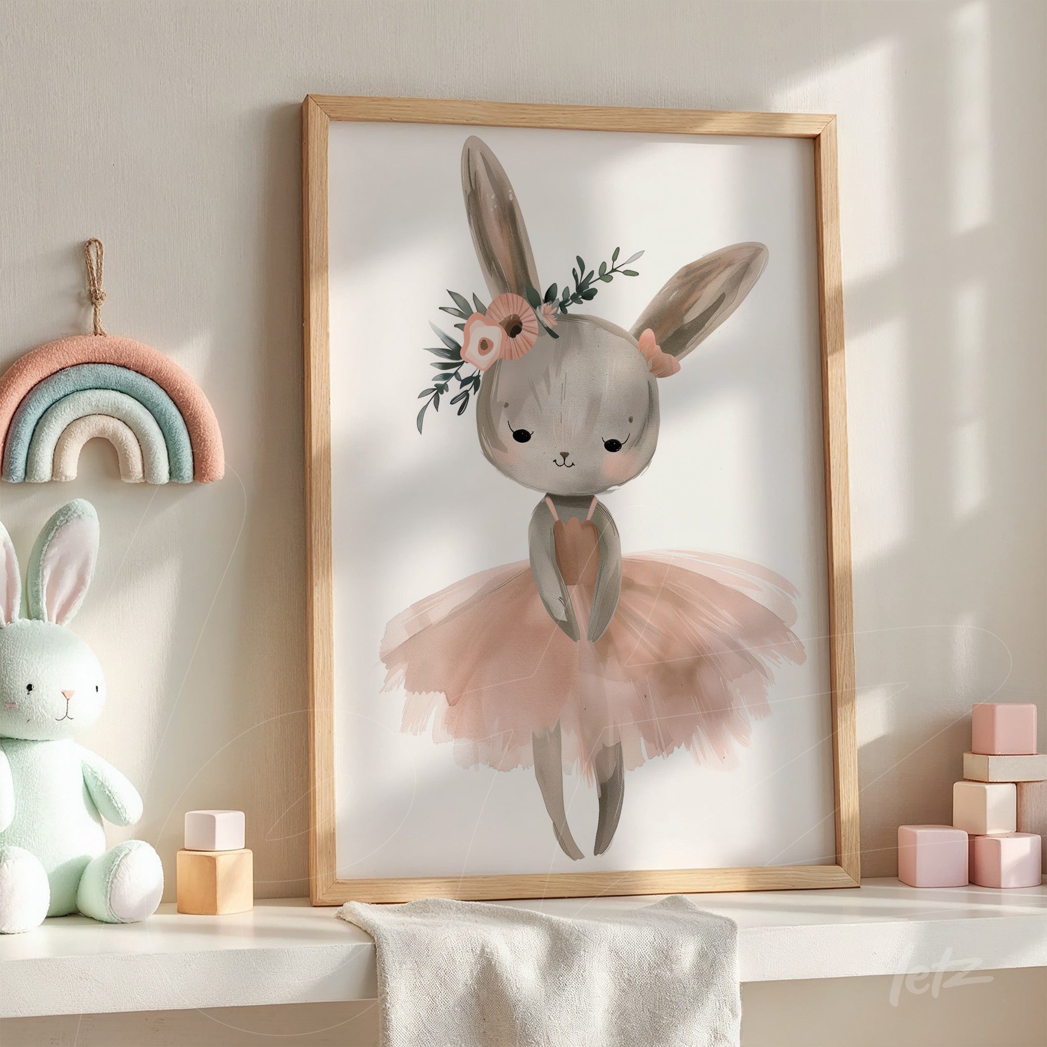 framed wall art featuring a cute rabbit wearing a pink tulle skirt and a flower crown