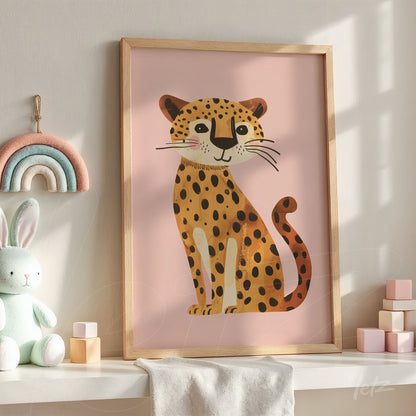 framed wall art featuring a playful leopard illustration on a pink background with a light wood frame