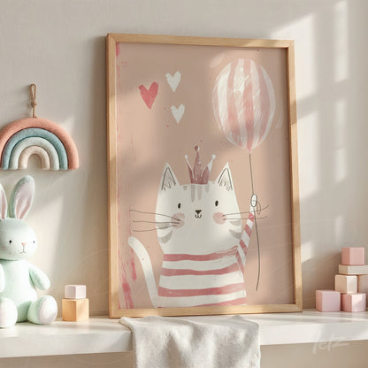 framed cute cat illustration holding a balloon in a light wooden frame displayed on a pastel-colored shelf