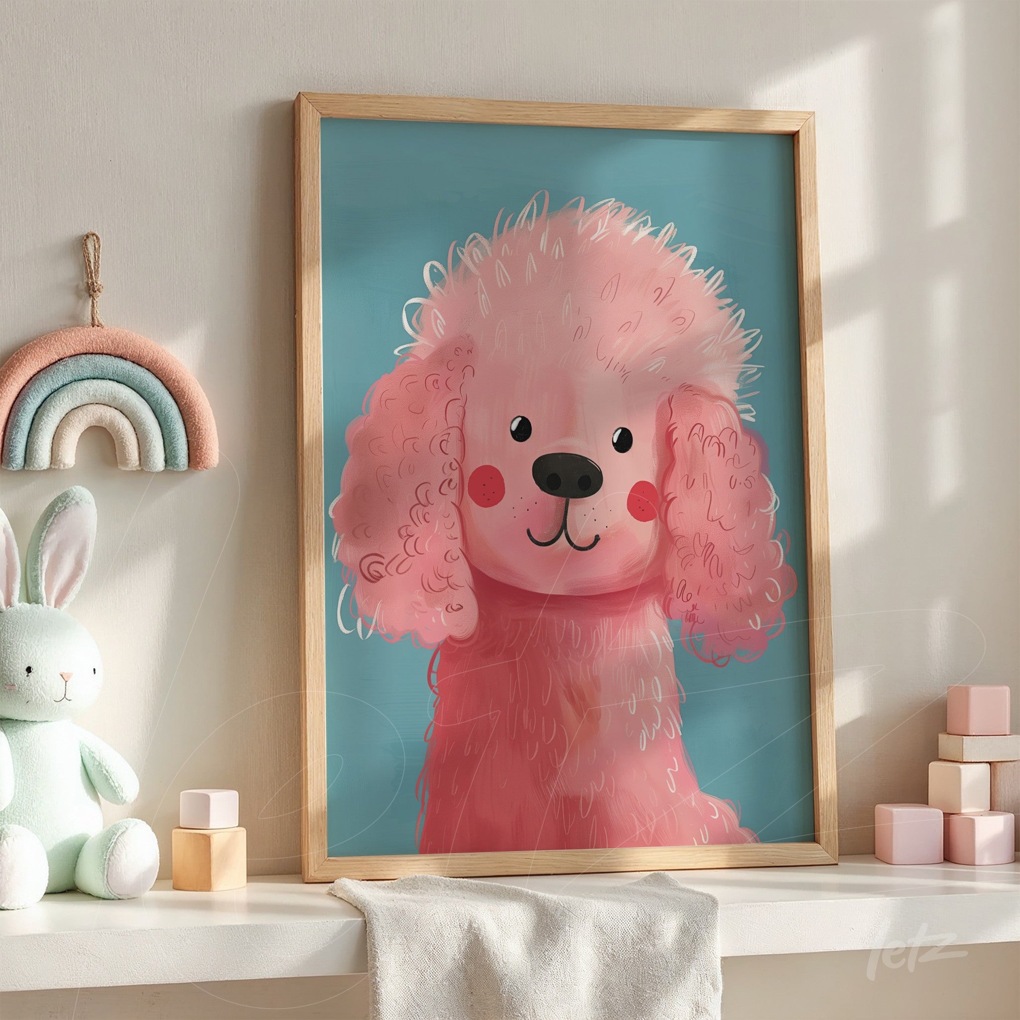 framed artwork of a pink poodle illustration in light wood frame displayed on a light blue wall with decorative elements around