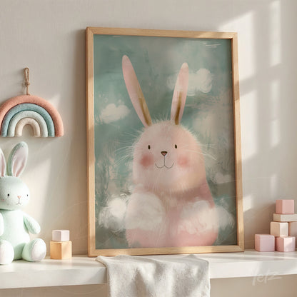 framed artwork featuring a cute bunny illustration with a light wooden frame on a decorative table with toys