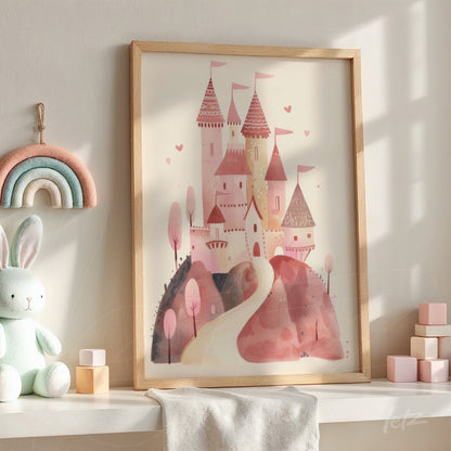 framed illustration of a pink watercolor castle displayed on a shelf with children's toys and a felt rainbow decor