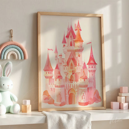 framed artwork of a magical castle in shades of pink and orange with light wooden frame leaning against a neutral wall