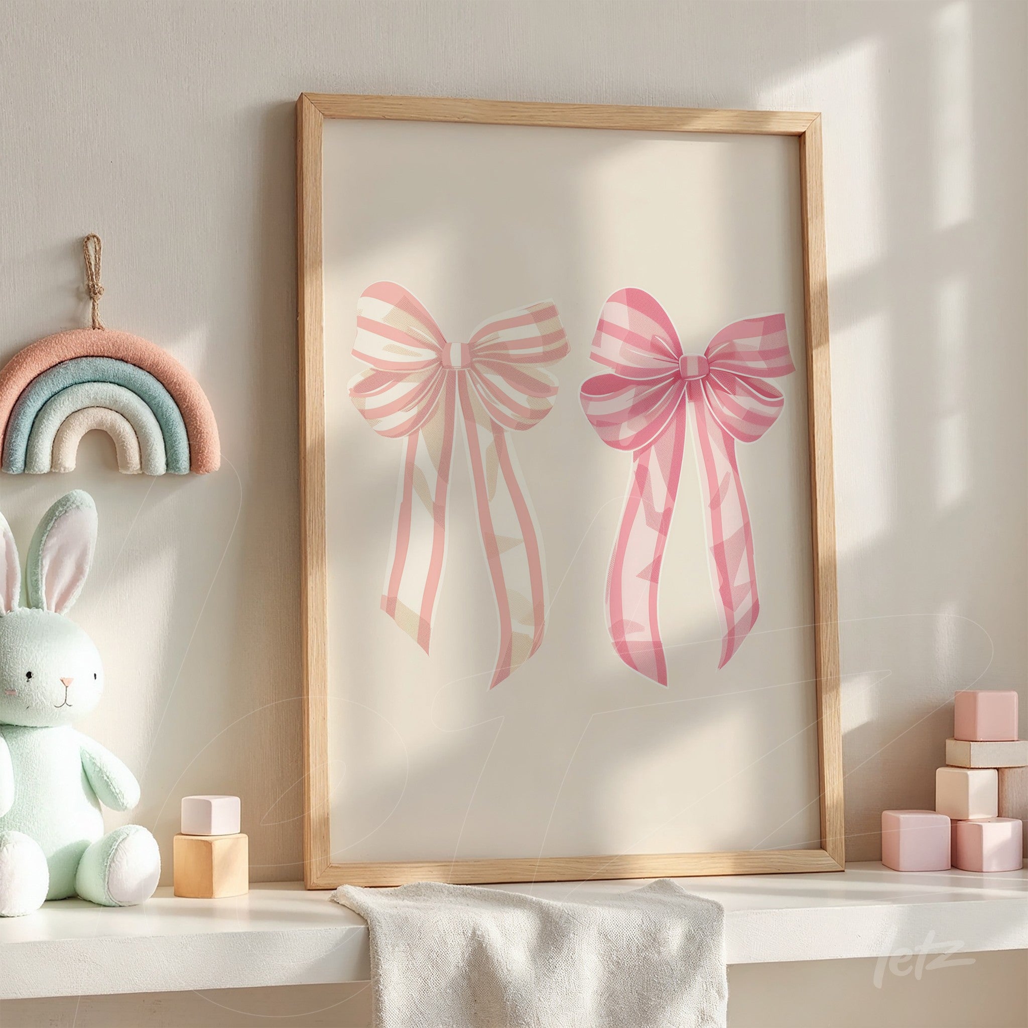 framed illustration of pink ribbons in light wooden frame displayed on a shelf next to a plush rabbit