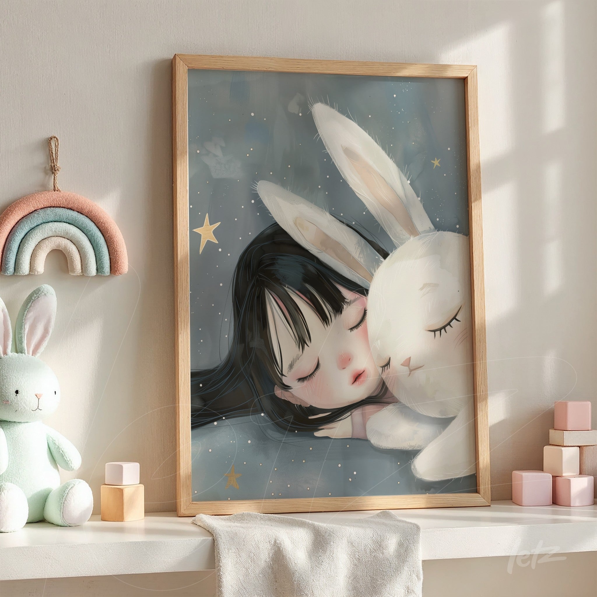 framed artwork depicting a serene girl sleeping next to a white bunny with a light wood frame