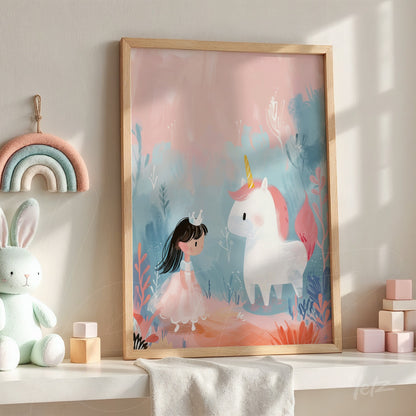 children's art featuring a girl in a pink dress beside a unicorn against a pastel background