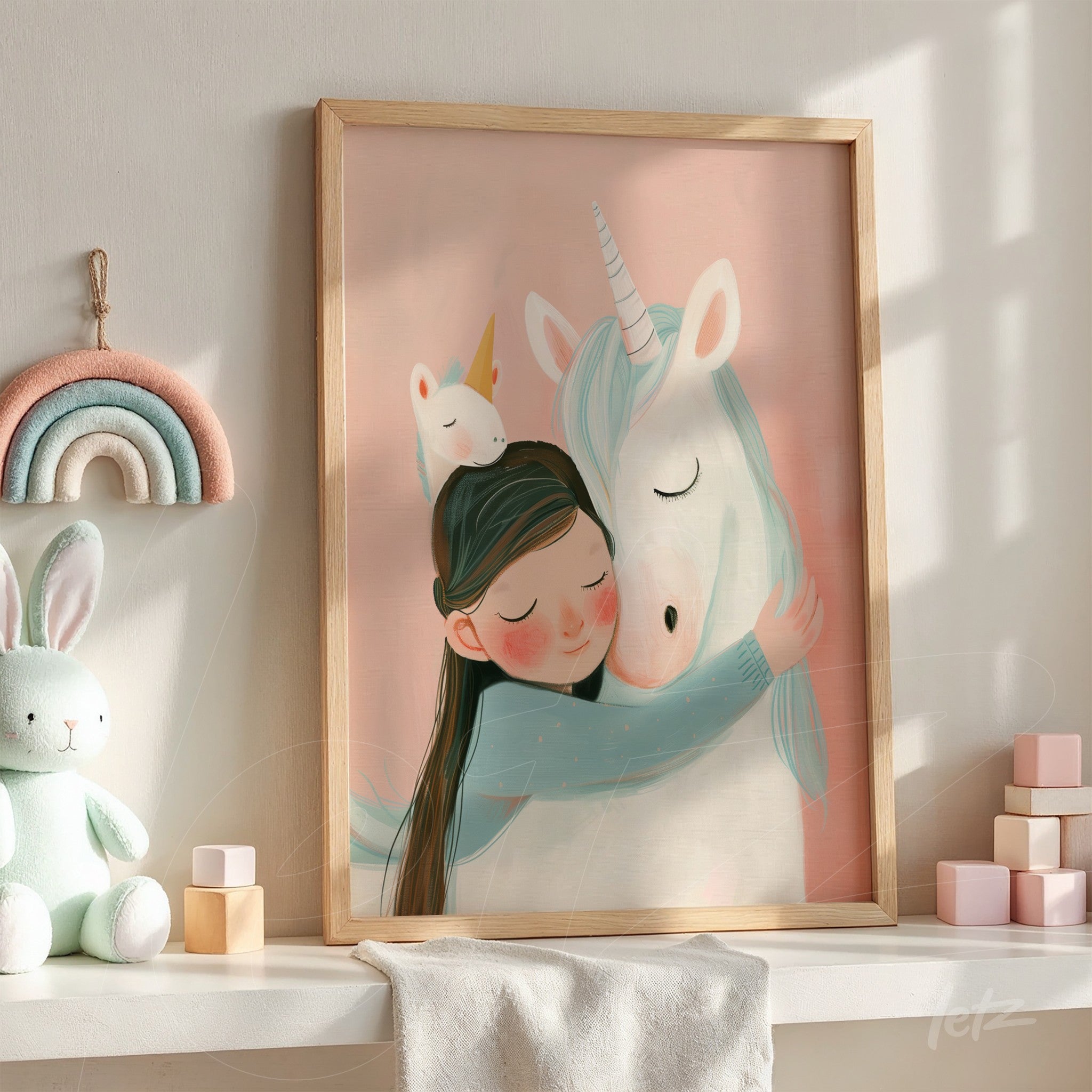 framed art of a girl hugging a unicorn with light wood frame displayed on a shelf