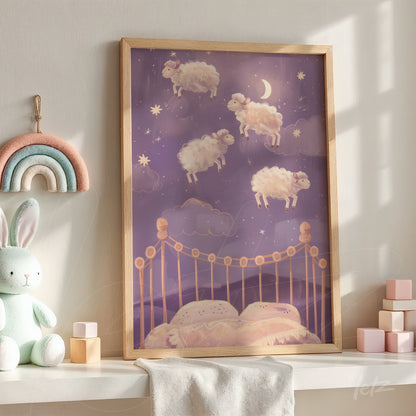 framed artwork featuring floating sheep against a purple sky with stars and a moon in a light wood frame