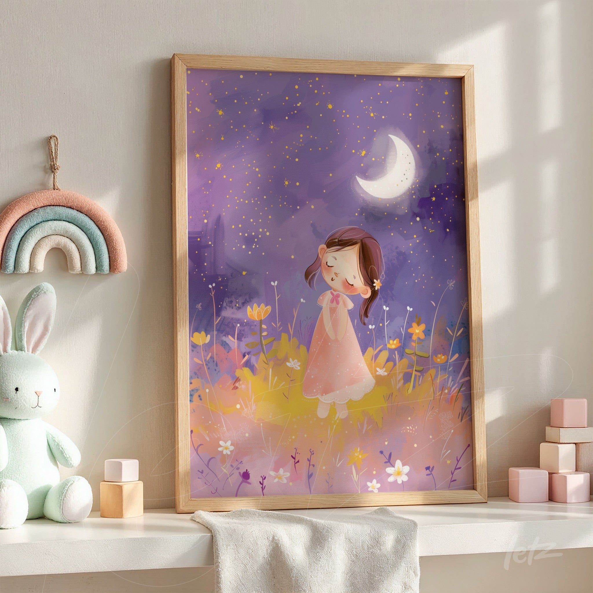 decorative wall art featuring a cute illustration of a girl in a pink dress standing under a starry sky with a crescent moon in a light wooden frame