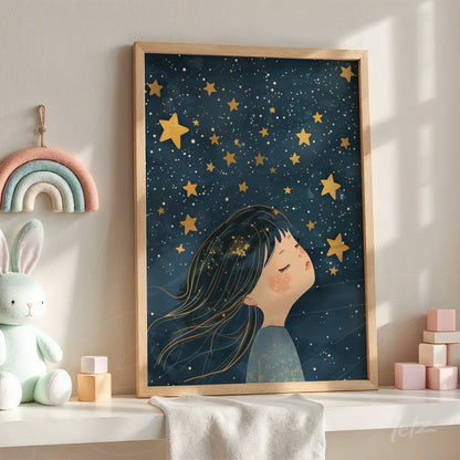 framed artwork of a girl dreaming under a starry sky with light wooden frame and deep blue background
