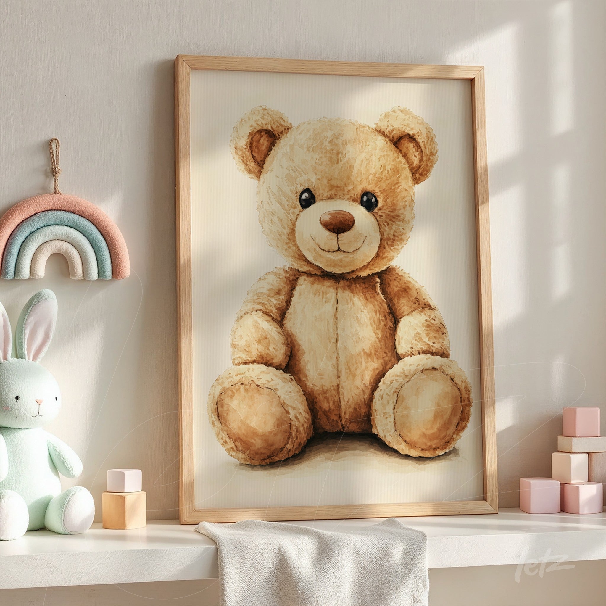 framed art of a teddy bear with light wooden frame, resting on a white shelf next to children's decor