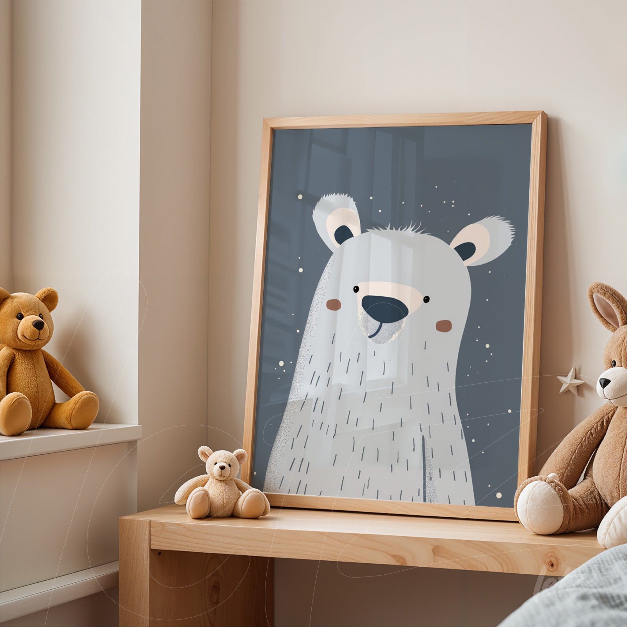 children's art in light wood frame featuring a polar bear illustration on a gray-blue background