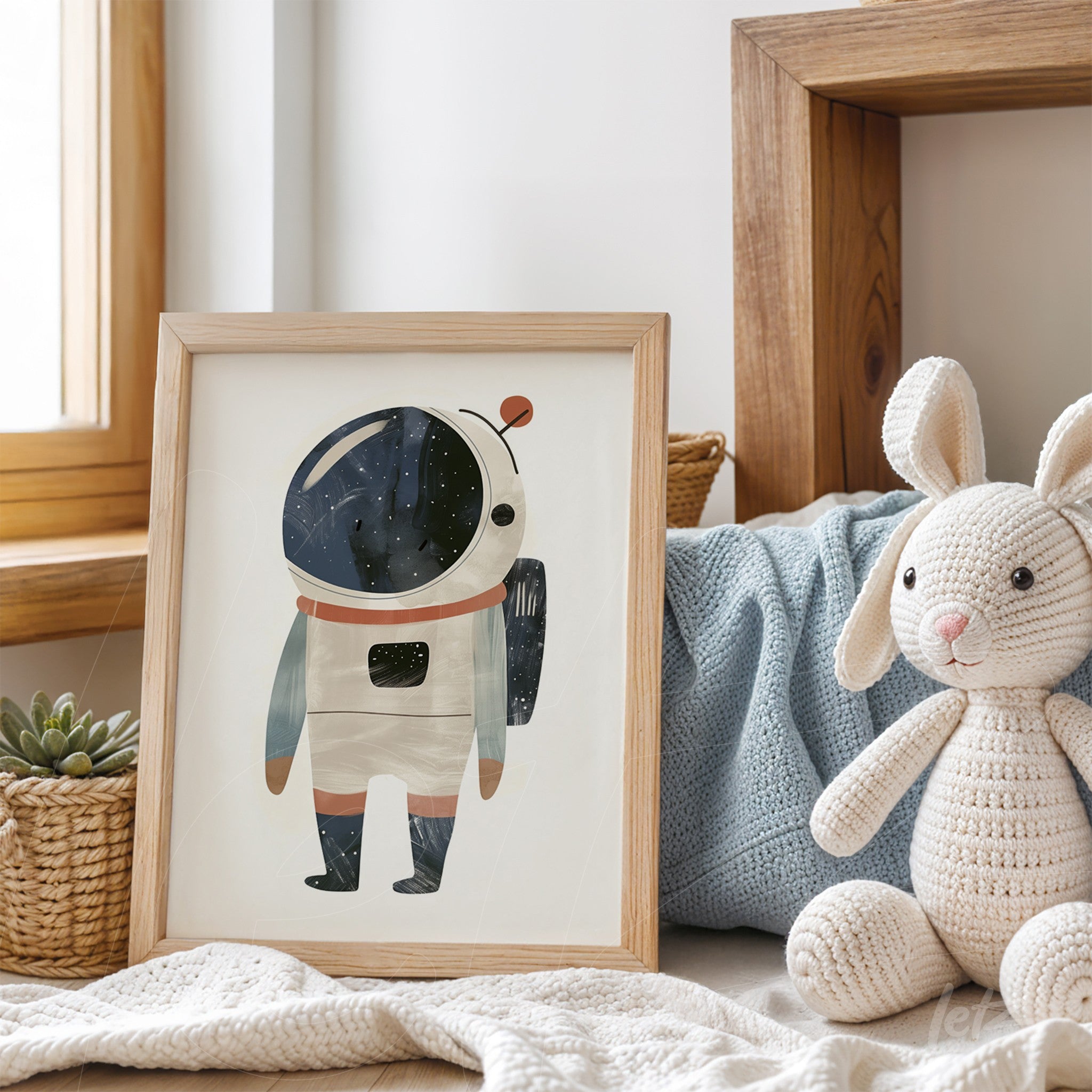 framed artwork of an astronaut character in light wood frame on a shelf