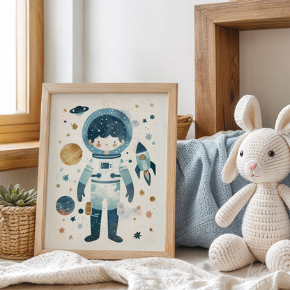 framed wall art featuring a cute astronaut illustration in light wood frame