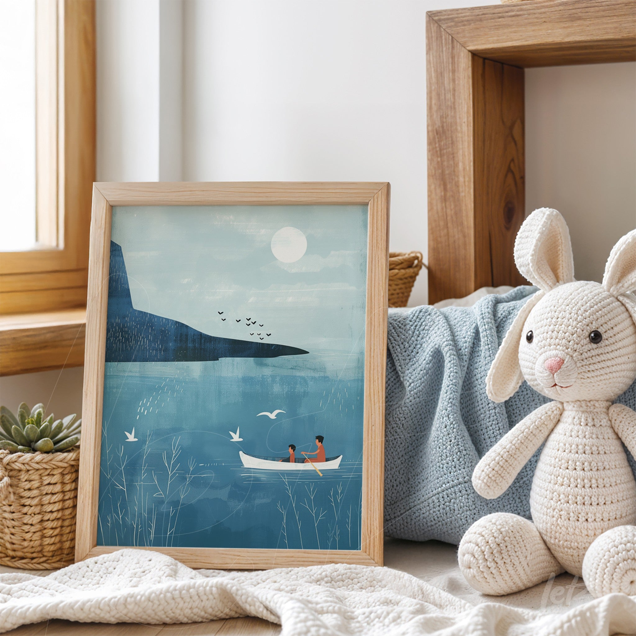 framed artwork depicting a couple in a boat on a serene lake with mountains in the background and light wood frame