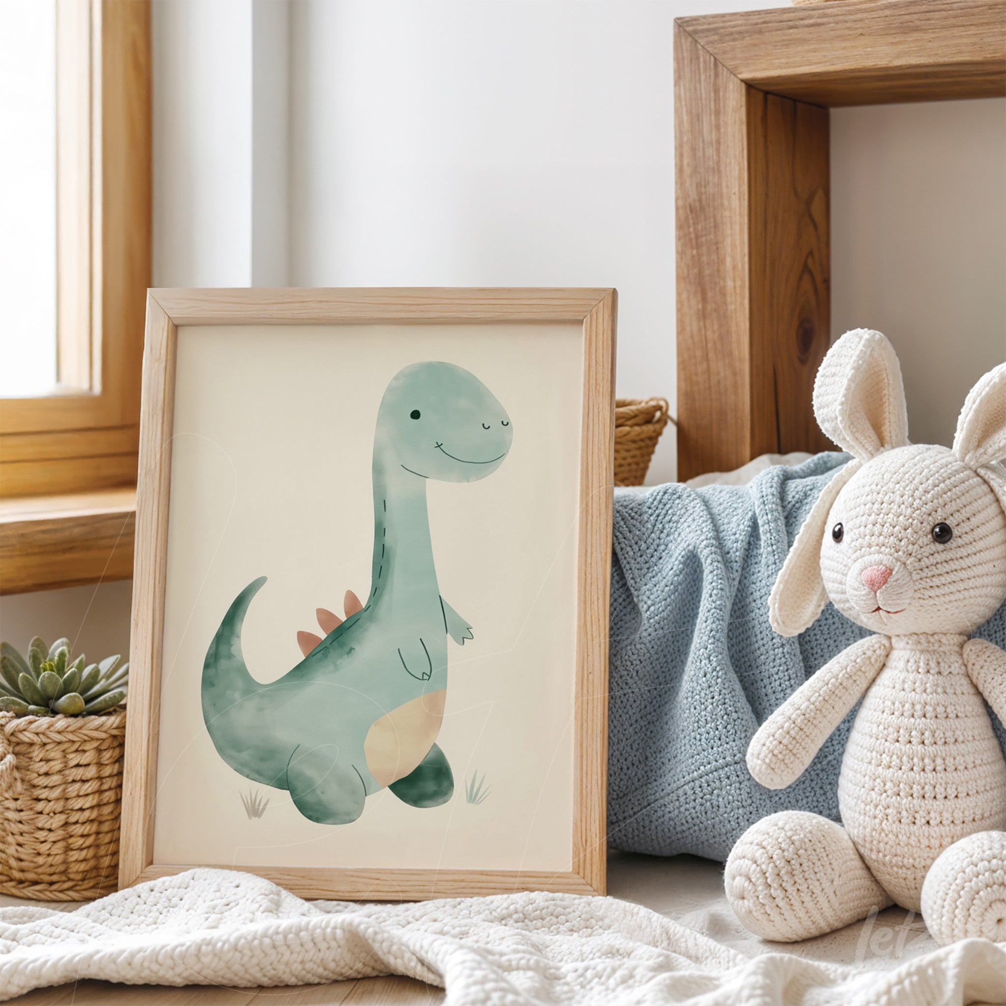 framed artwork of a smiling green dinosaur in a light wood frame displayed with a plush toy in a cozy setting