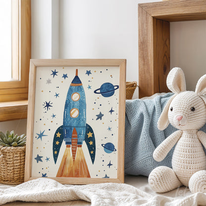 framed wall art featuring a blue rocket launching amidst stars and planets with light wooden frame