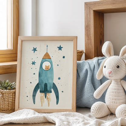 framed artwork featuring a blue rocket with a cat inside, displayed on a table next to a plush toy and a knitted blanket