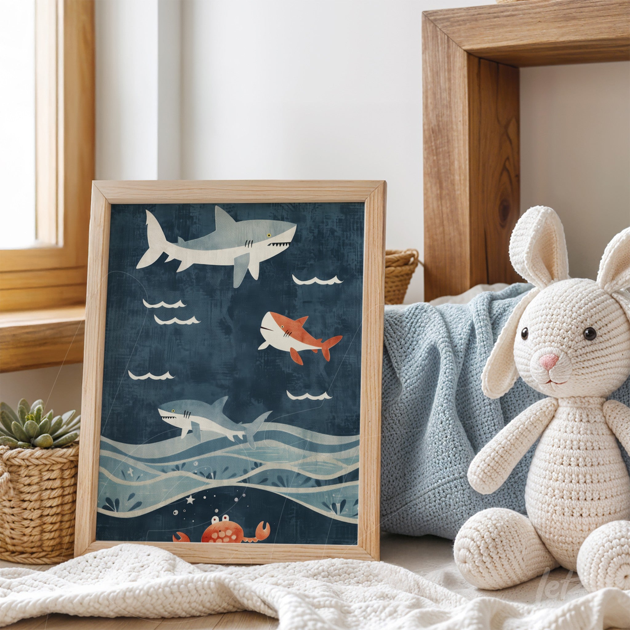 framed children's illustration of swimming sharks in blue background with light wood frame and decorative toys