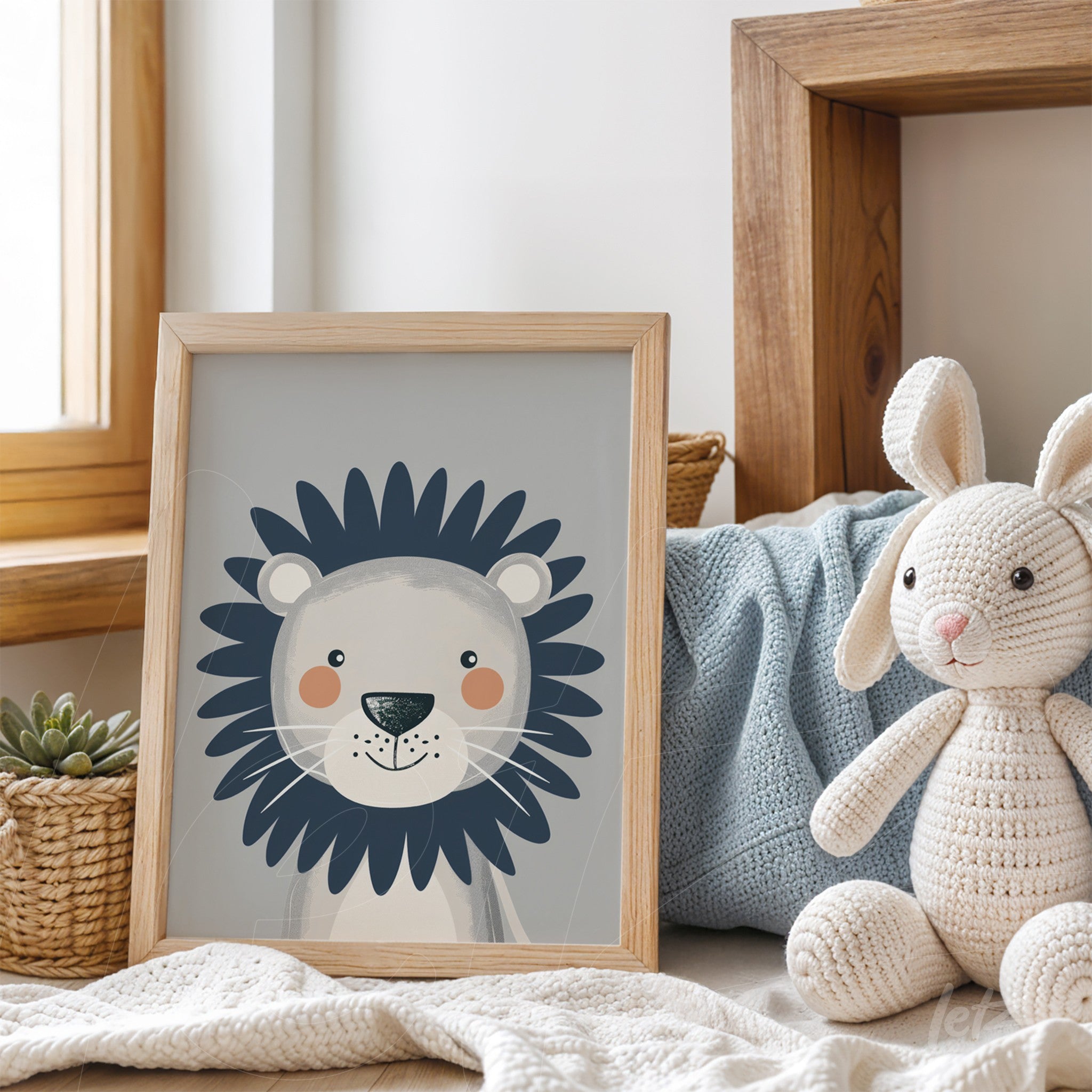 framed wall art featuring a friendly lion illustration in a light wood frame displayed in a cozy setting