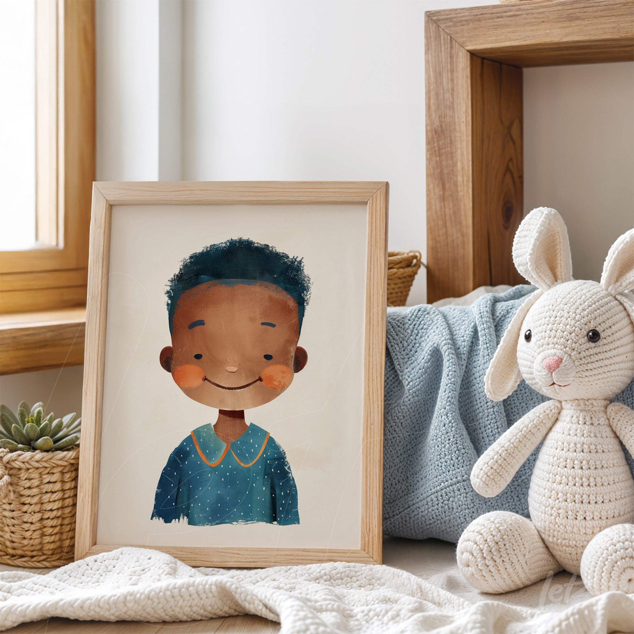 framed artwork of a smiling boy in a blue pajama, displayed on a table with a plush toy