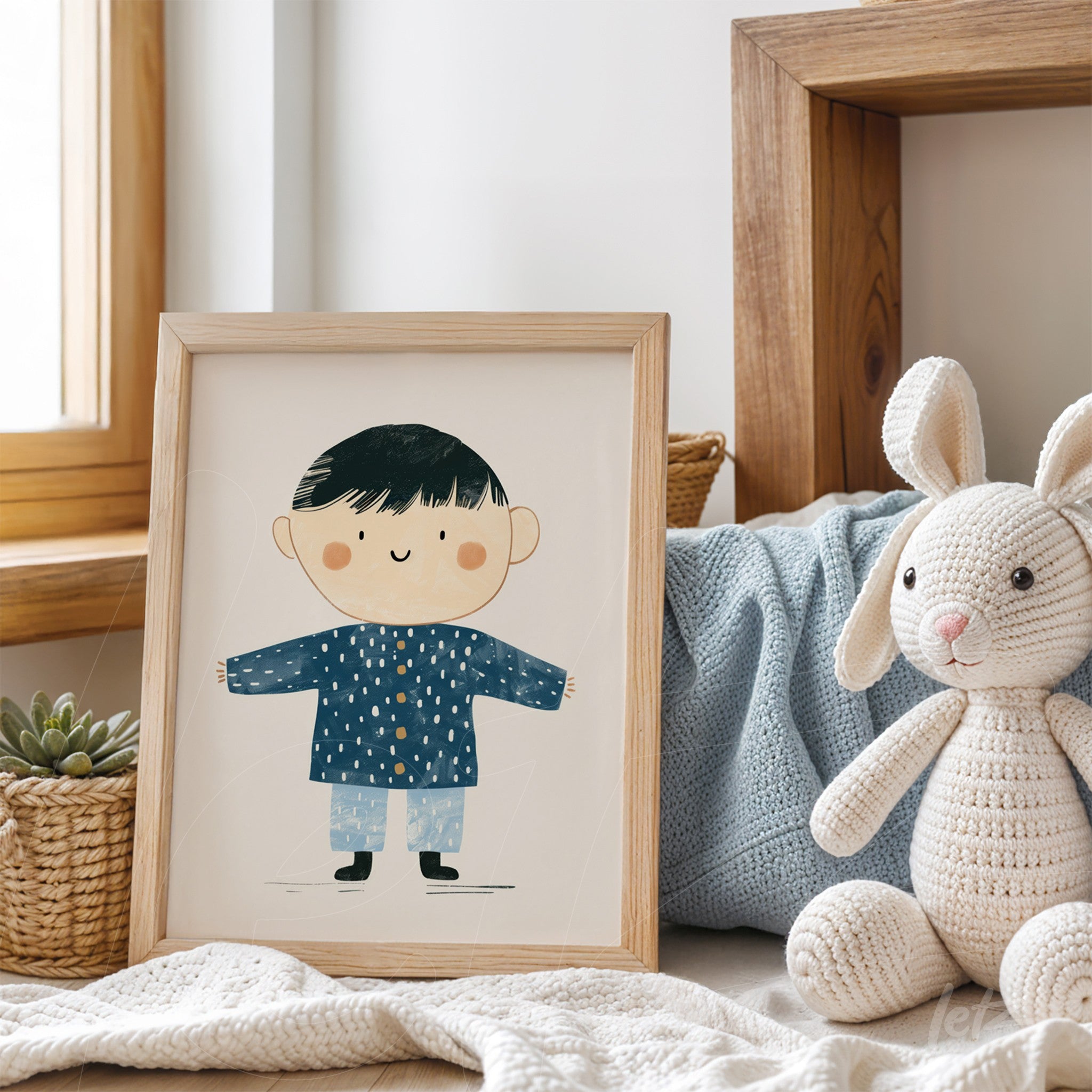 framed wall art featuring a cheerful boy illustration wearing a blue sweater with a light wood frame