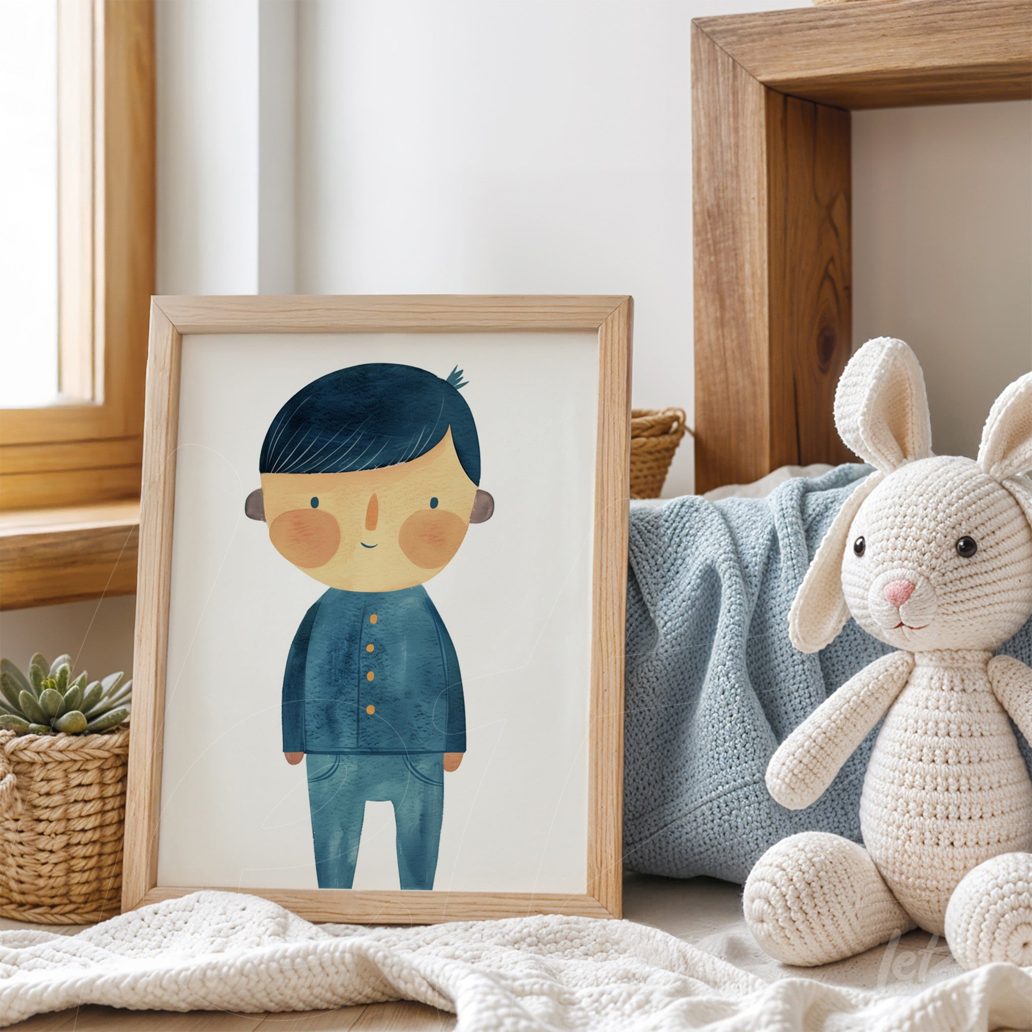 framed colorful illustration of a blue-haired boy in light wood frame placed on a table with a book and a toy, alongside a potted plant