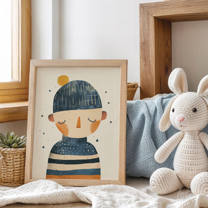 framed wall art featuring a child character wearing a striped beanie with stars in the background and displayed in a natural wooden frame