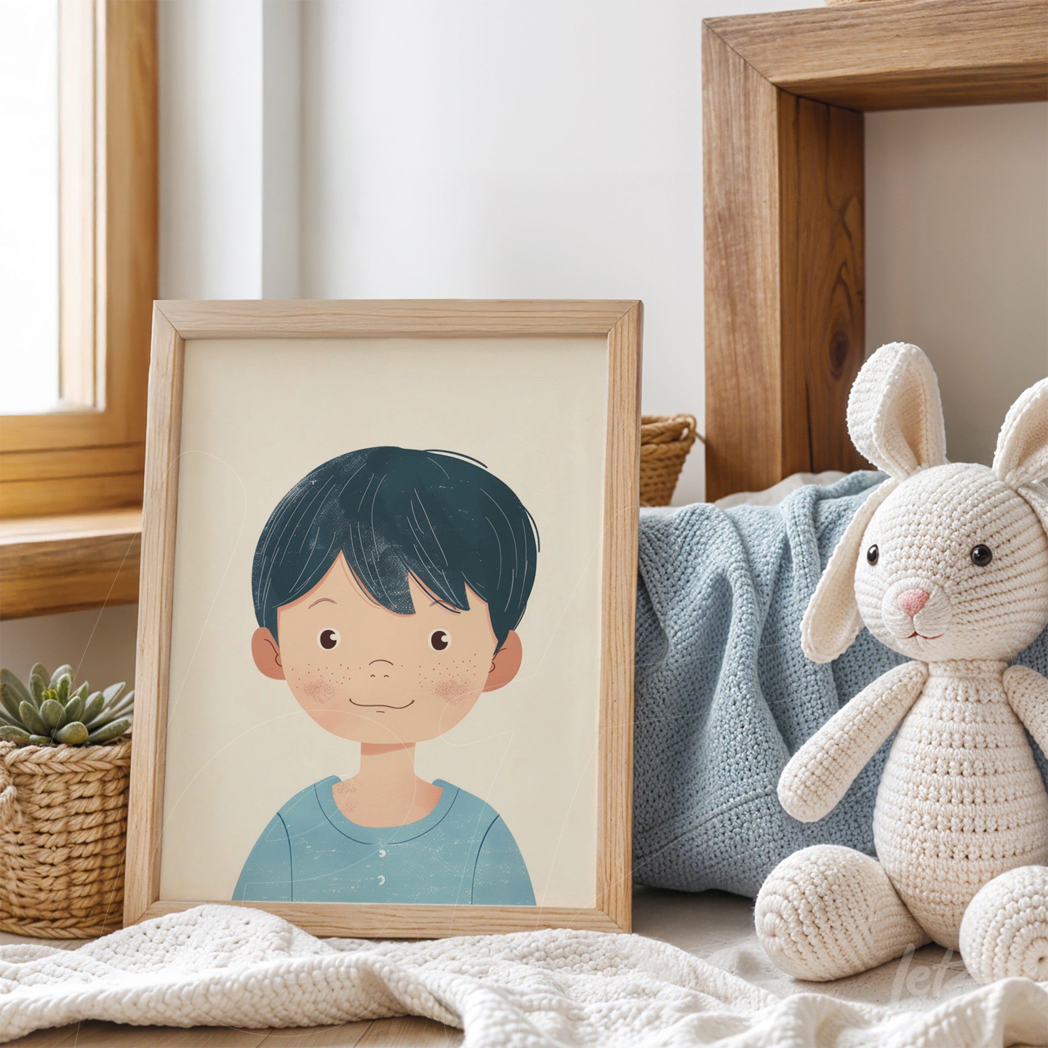framed illustration of a boy with dark hair in light wood frame, displayed on a sofa with cushions and a stuffed rabbit beside it