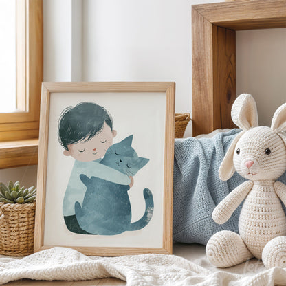 framed artwork of a boy hugging a blue cat with a light wooden frame