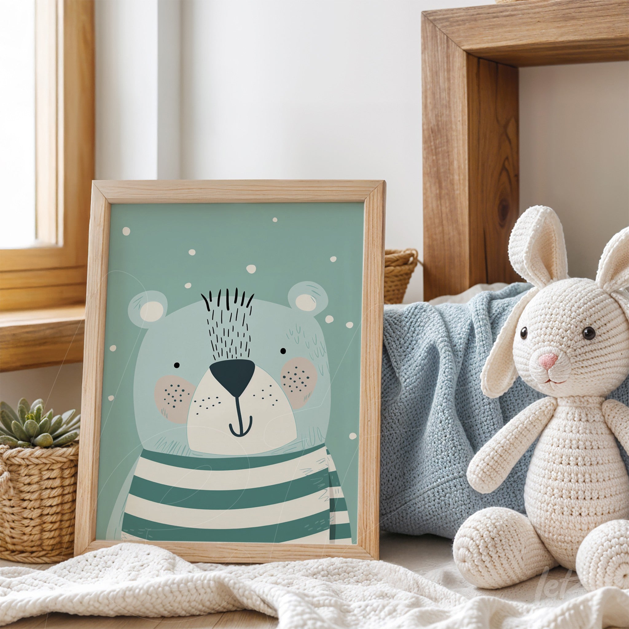 framed artwork featuring a cute bear illustration on a blue background with a light wood frame