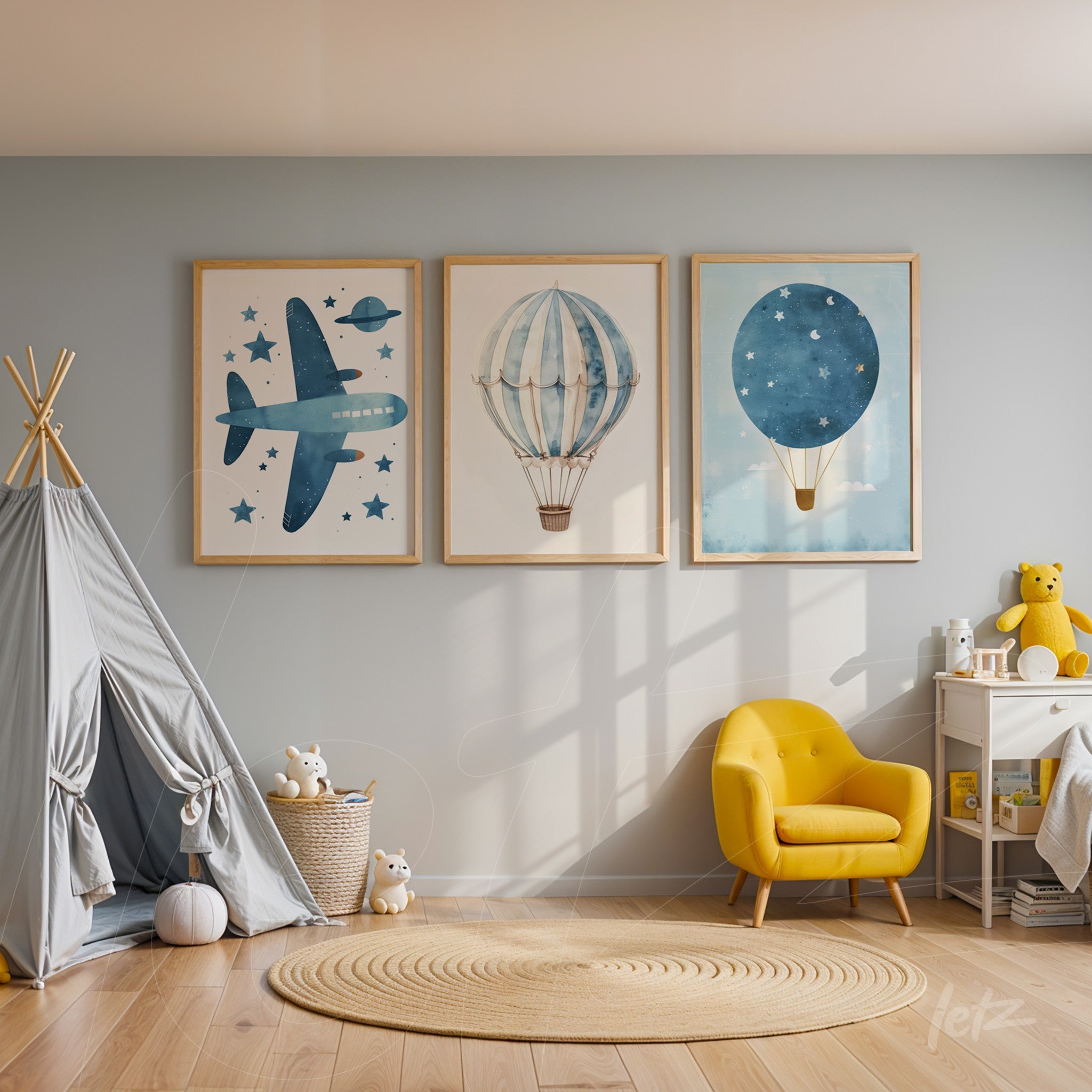 composition of three blue illustrations featuring an airplane, a hot air balloon, and the moon in light frames on a gray wall