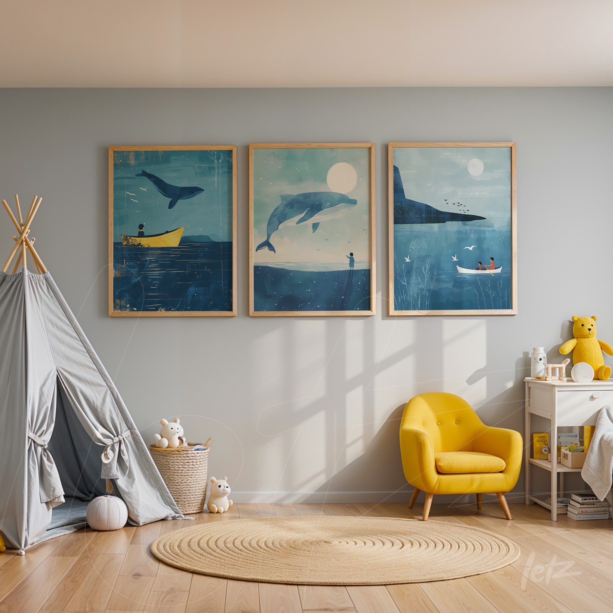 set of three framed artworks featuring marine animal illustrations in light wood frames displayed on a light blue wall in a children's room with white furniture