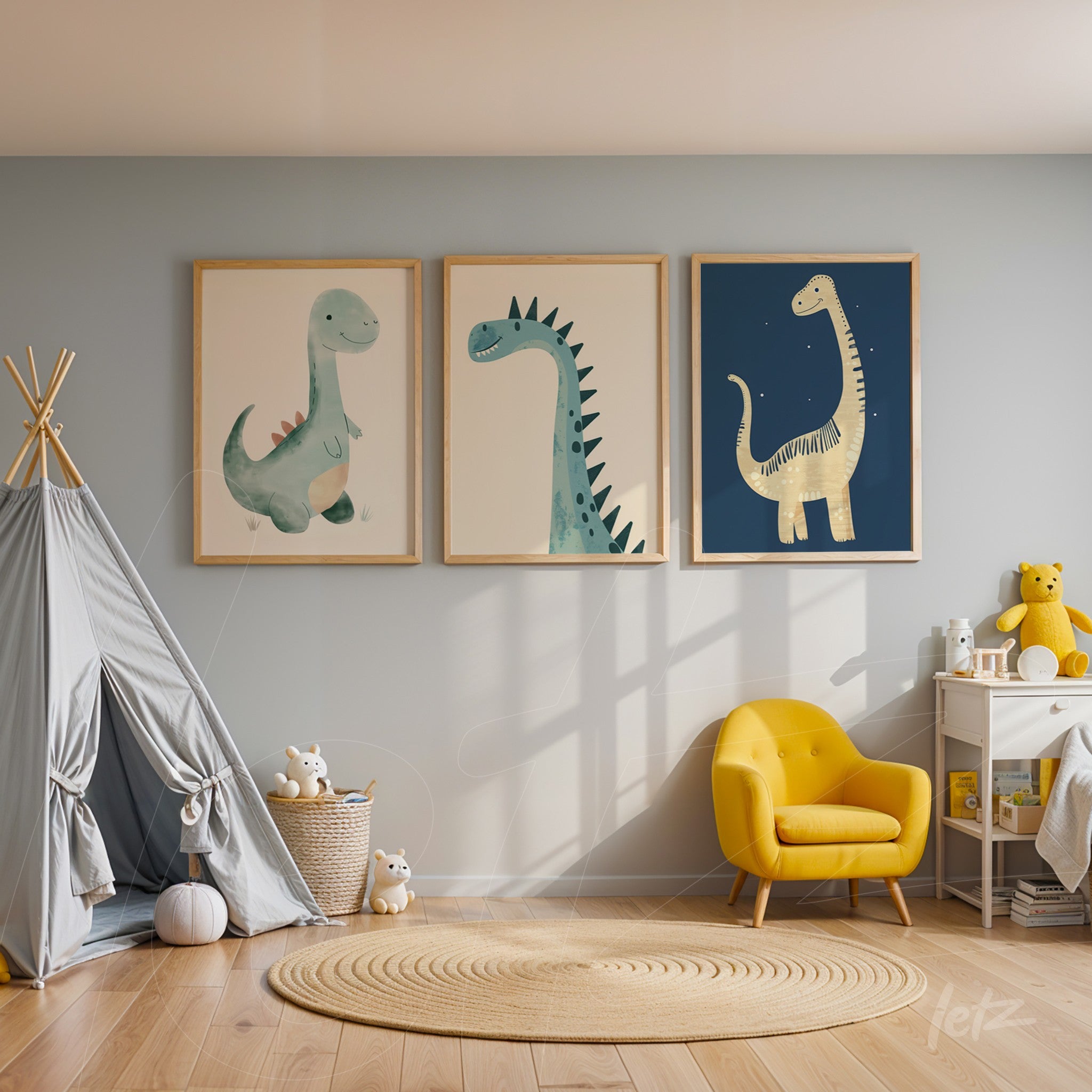set of three framed dinosaur illustrations in light frames on a light blue wall
