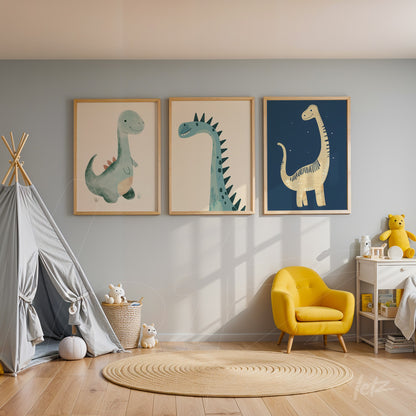 set of three framed dinosaur illustrations in light frames on a light blue wall