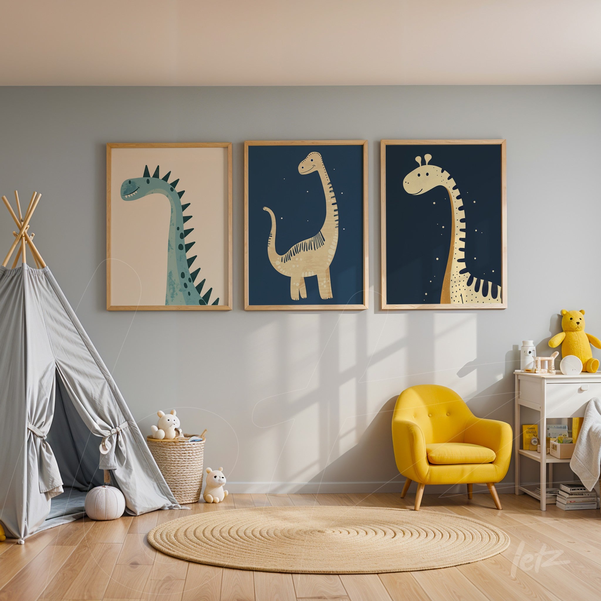 composition of framed dinosaur illustrations in light wood frames displayed in a children's room with a yellow chair