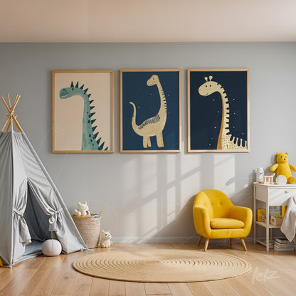 composition of framed dinosaur illustrations in light wood frames displayed in a children's room with a yellow chair