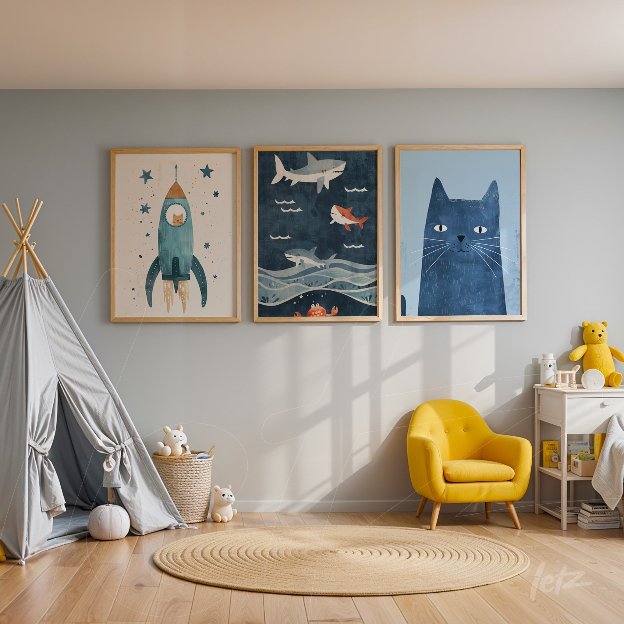 collection of three framed kids' artworks featuring a rocket, sharks, and a blue cat on a light blue wall