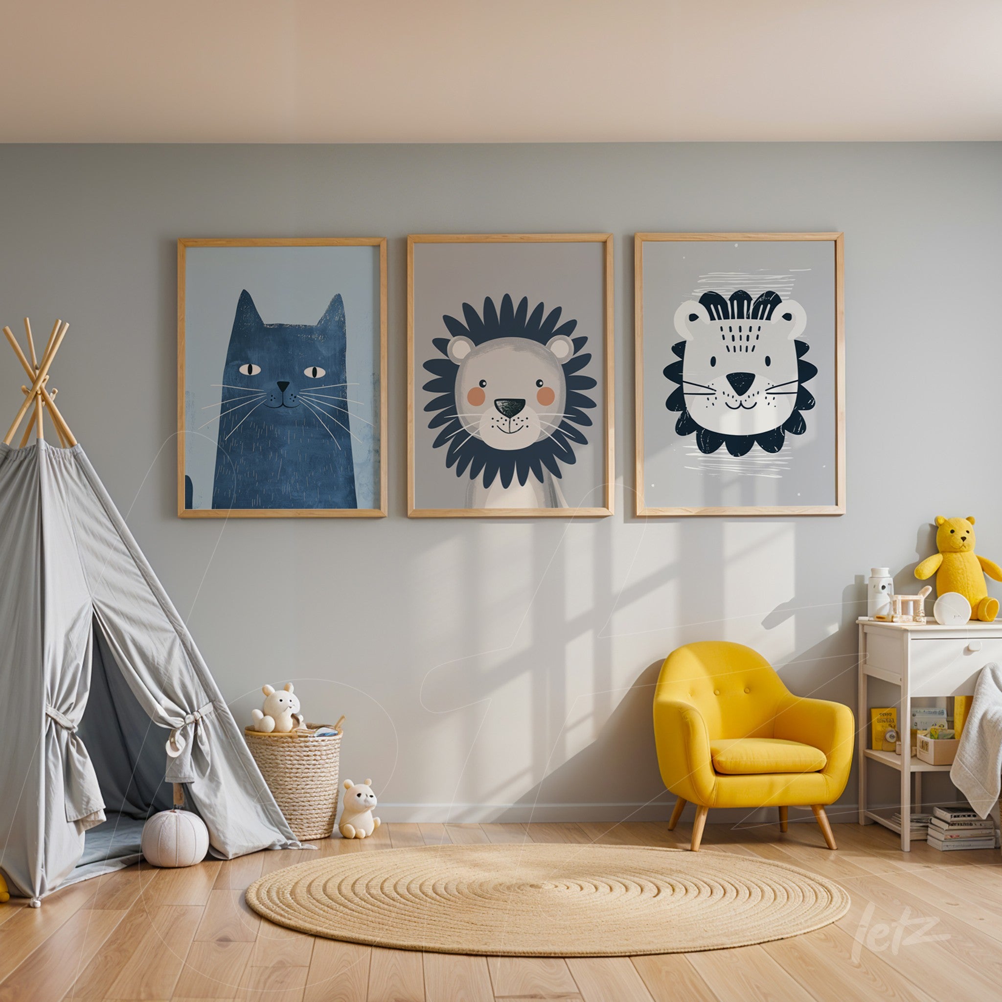 collection of framed animal illustrations featuring a blue cat, a stylized lion, and a friendly lioness, displayed in a children's room with a play corner