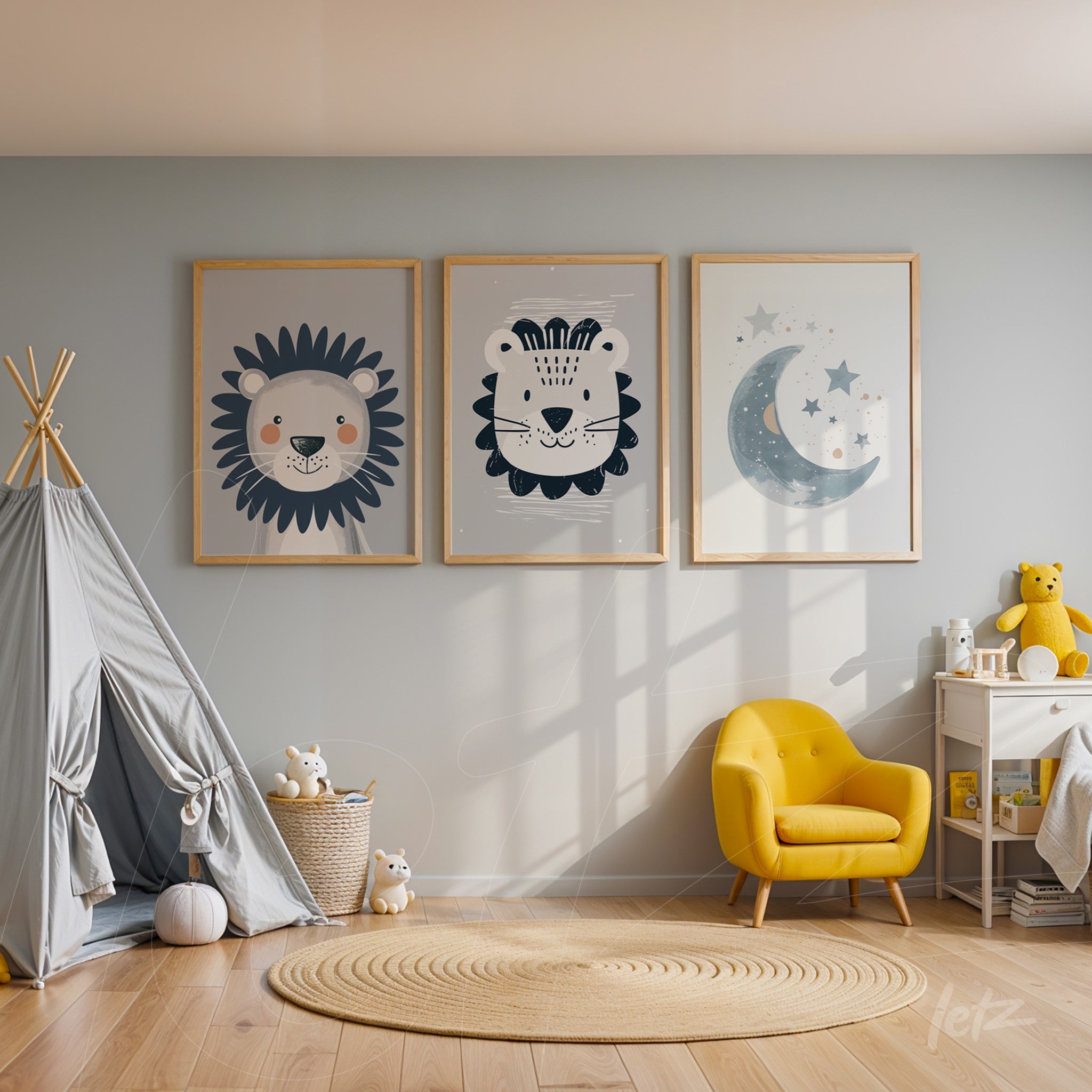 set of three children's framed artworks featuring a lion, a fox, and a moon on a light gray wall